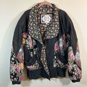 Vintage Paris Sport Club Black Leather Floral Patchwork Jacket Large Boho
